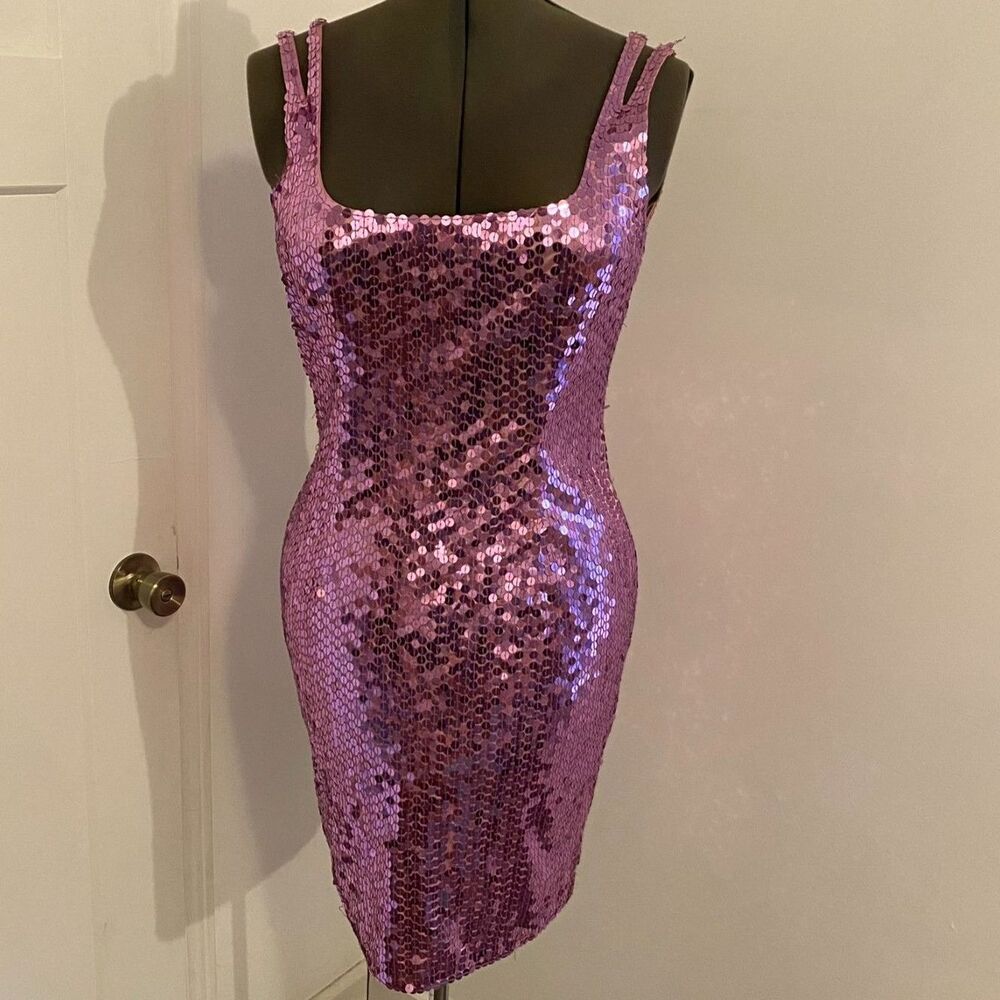 Vintage 70s/80s Nite Line size 12 Full Sequin Purple Square Neck Bodycon Dress